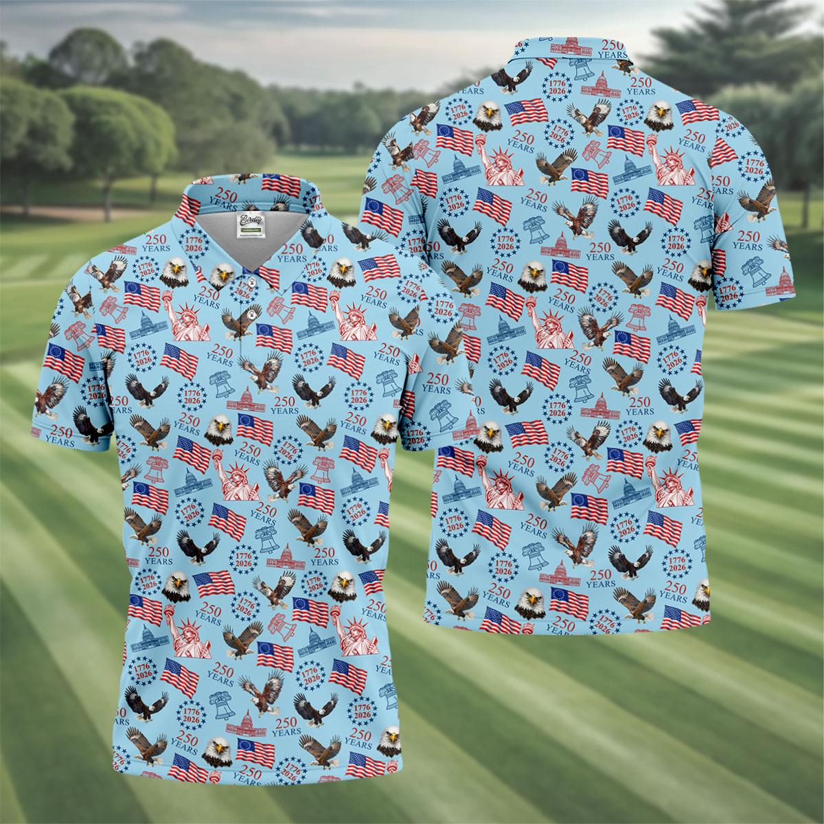 250 Years American Symbol Patriotic Pattern Blue Golf Shirt, 4th Of July Golf Shirt, Golf Shirts For Men