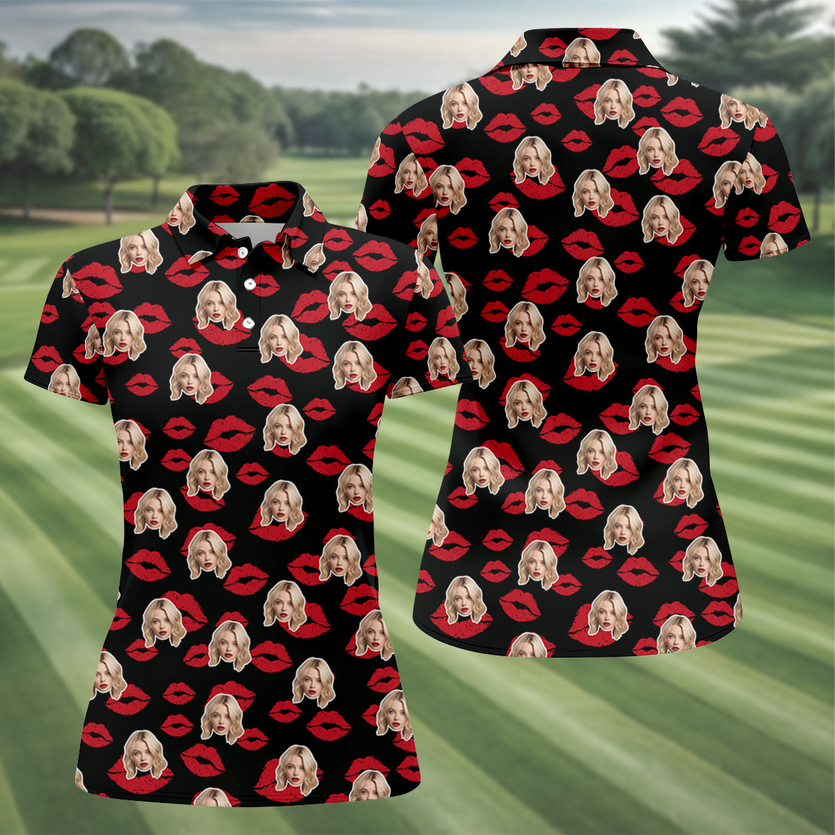 Kiss Lipstick Mark Custom Photo Women Golf Top, Valentines Golf Gift, Ladies Golf Polos