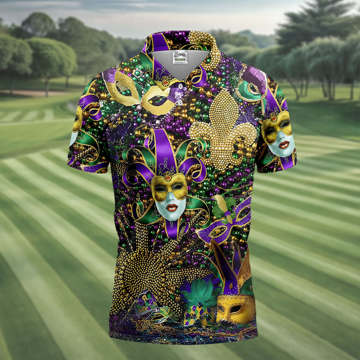 Jester Mask Purple Green Gold Fleur De Lis Beads Mardi Gras Golf Shirt, Golf Shirts For Men, Polo ShirtFor Men