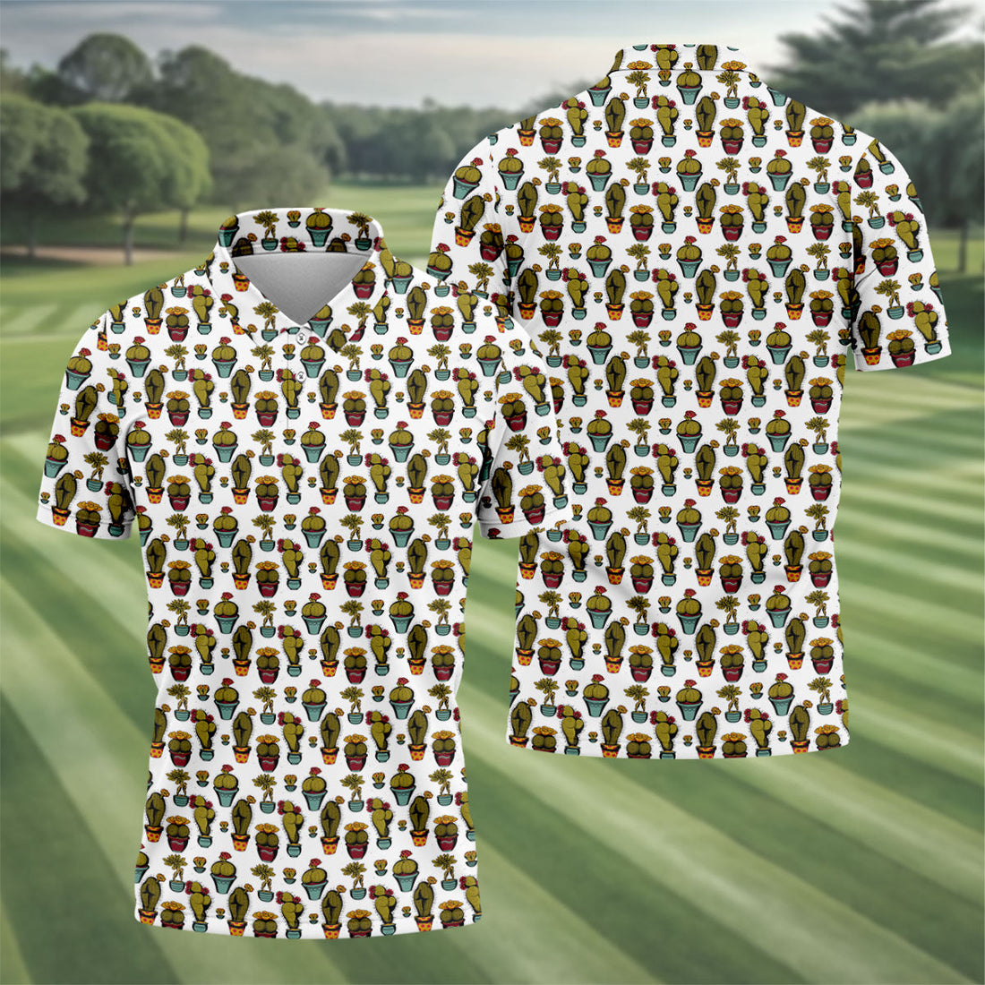 Cute Potted Cactus Pattern Golf Polo Shirt, Golf Apparel For Men, Printed Golf Shirts