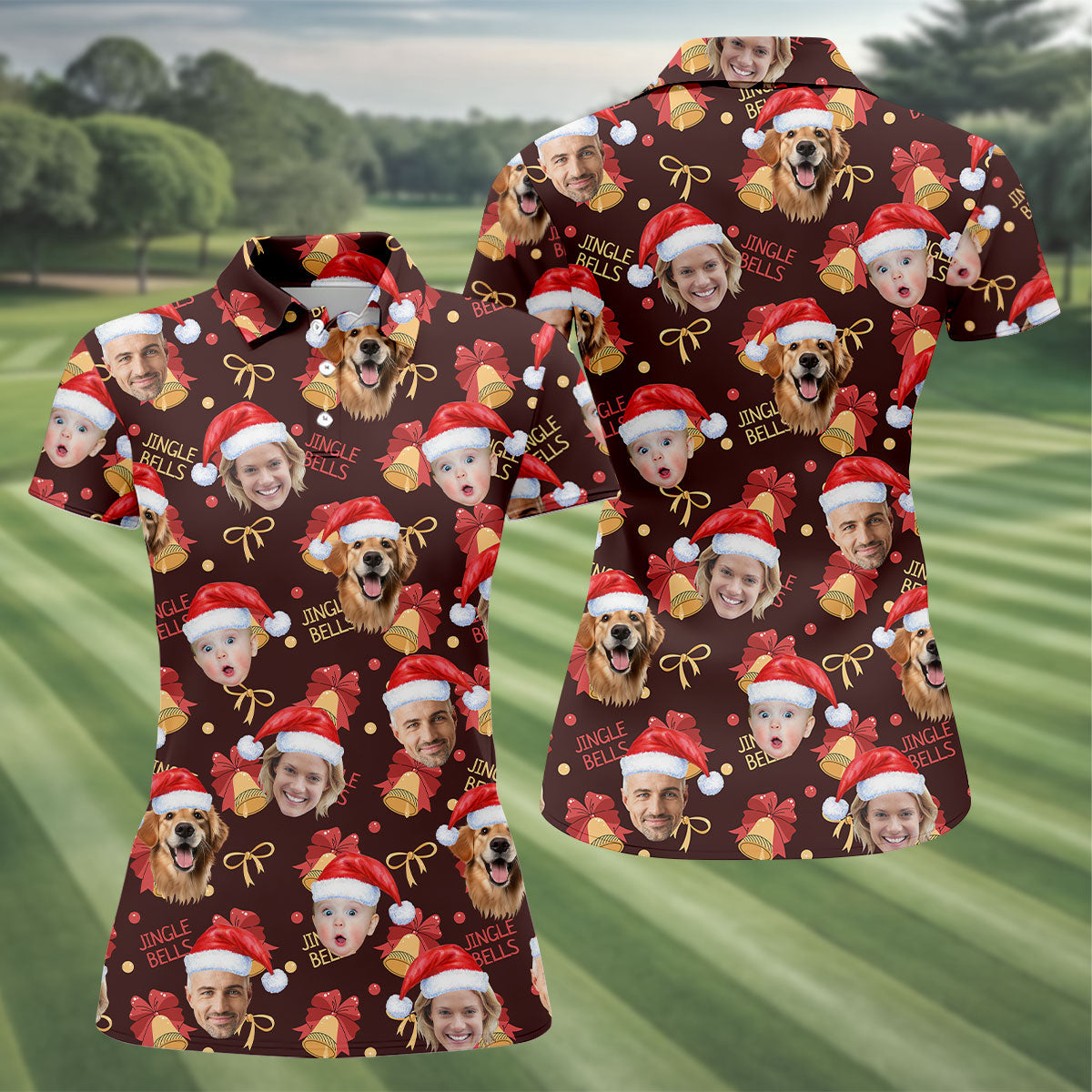 Custom Face Christmas Jingle Bells Brown Golf Shirt, Christmas Golf Shirt, Golf Gifts For Women