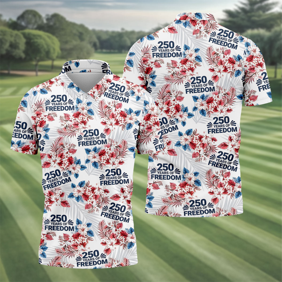 250 Years Of Freedom Tropical Vibe Retro Golf Shirt, Golf Tops For Men, 4th Of July Golf Shirts For Men