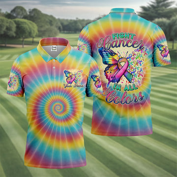 Fight Cancer In All Colors Tie Dye Print Golf Tops For Men, Cancer Awareness Shirt, Golf Shirts For Men