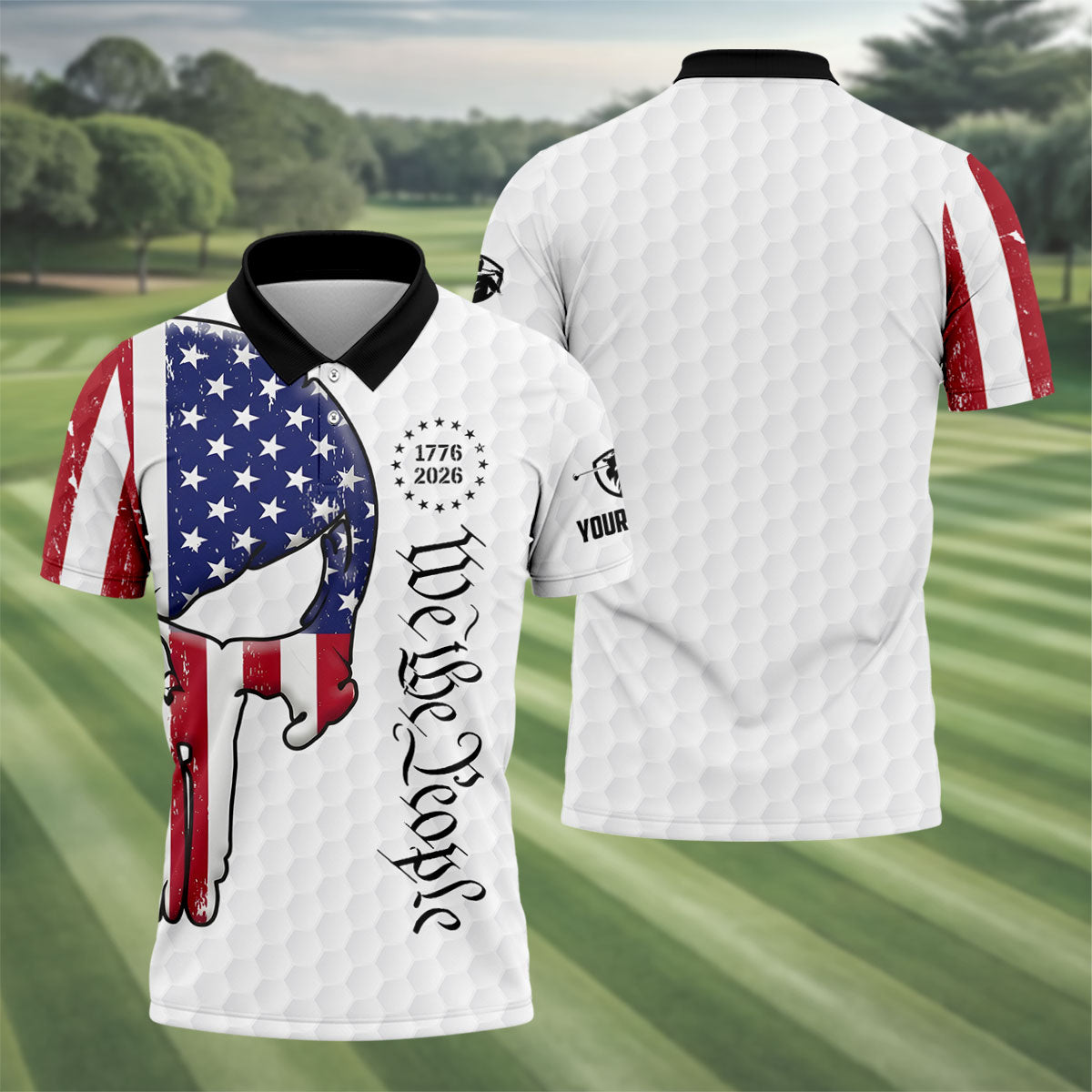 We The People 250 Celebration US Flag Pattern Skull Golf Shirt, Patriotic 4th Of July Golf Shirts For Men