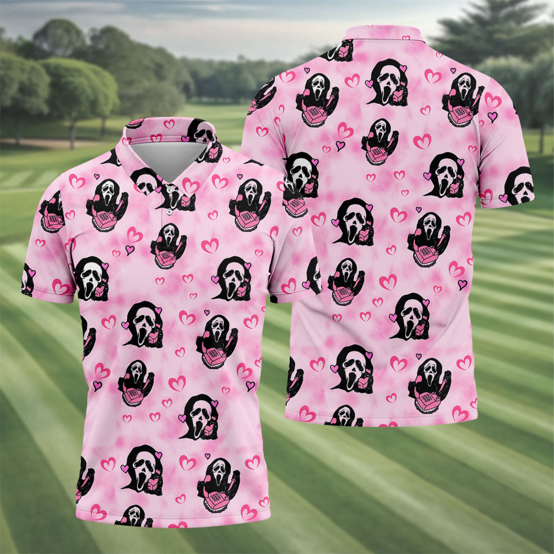 Pink Cute Ghost Caller Heart Pattern Halloween Golf Polo Shirt, Golf Apparel For Men