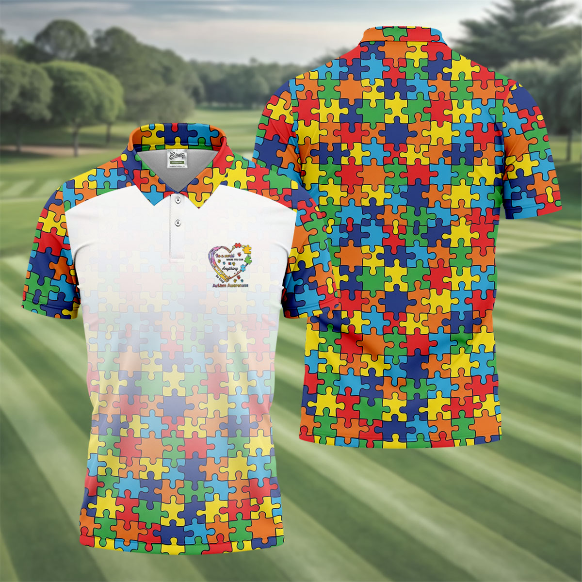 In A World Where You Can Be Anything Be Kind Autism Awareness Puzzle Pattern White Fade Golf Shirts For Men