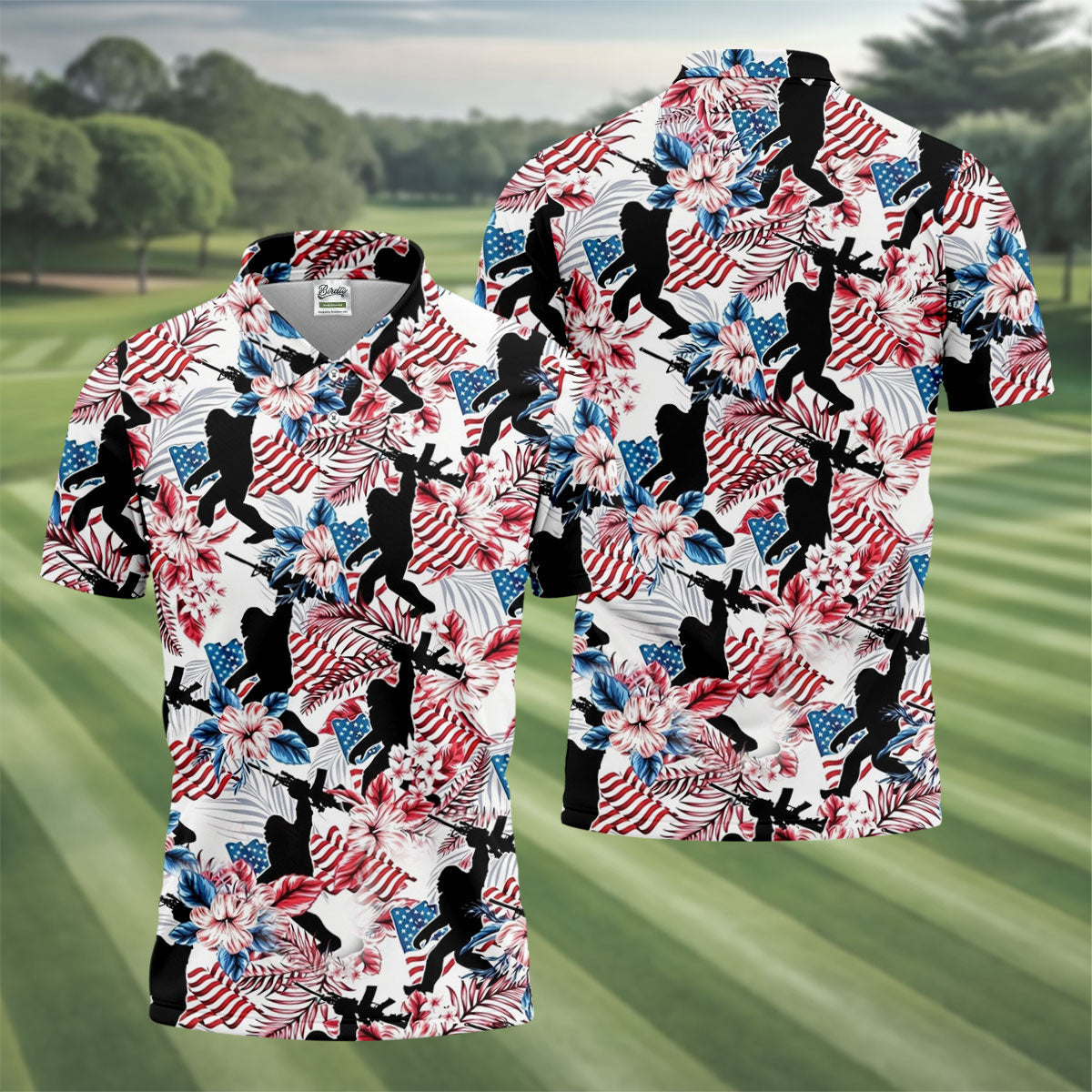 Hawaiian Bigfoot Patriotic 4th Of July American Flag Golf Shirt, 250th Anniversary Golf Shirts For Men