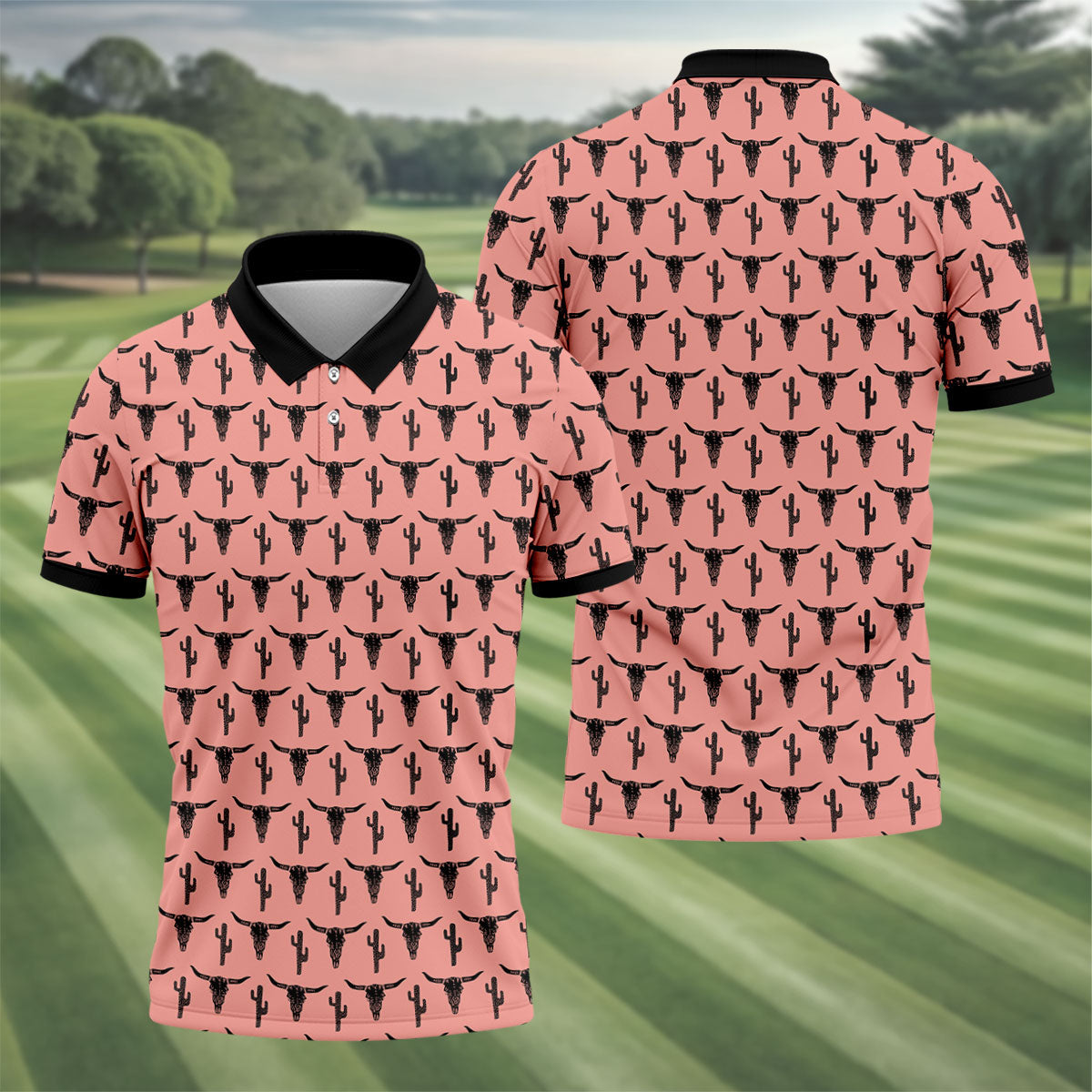 Longhorn Cow Skull Western Theme Peach Pink Golf Tops For Men, Polo Shirtor Men, Golf Shirts For Men
