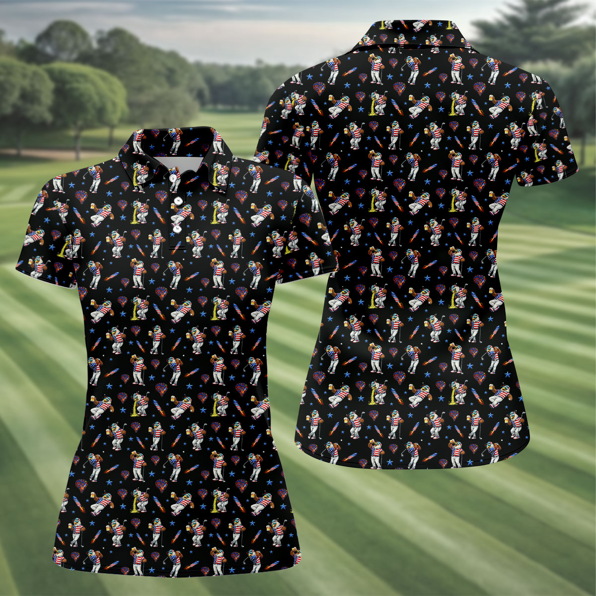 Patriotic Eagle Golf And Beer Funny 4th Of July Black Golf Shirt, 250th Anniversary Women's Golf Tops