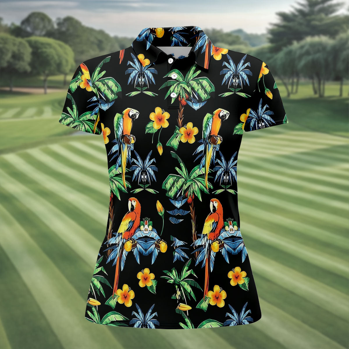 Black Tropical Parrot Palm Flower Pattern Golf Shirt, Women’s Golf Polo, Ladies Golf Shirts, Golf Tops For Women
