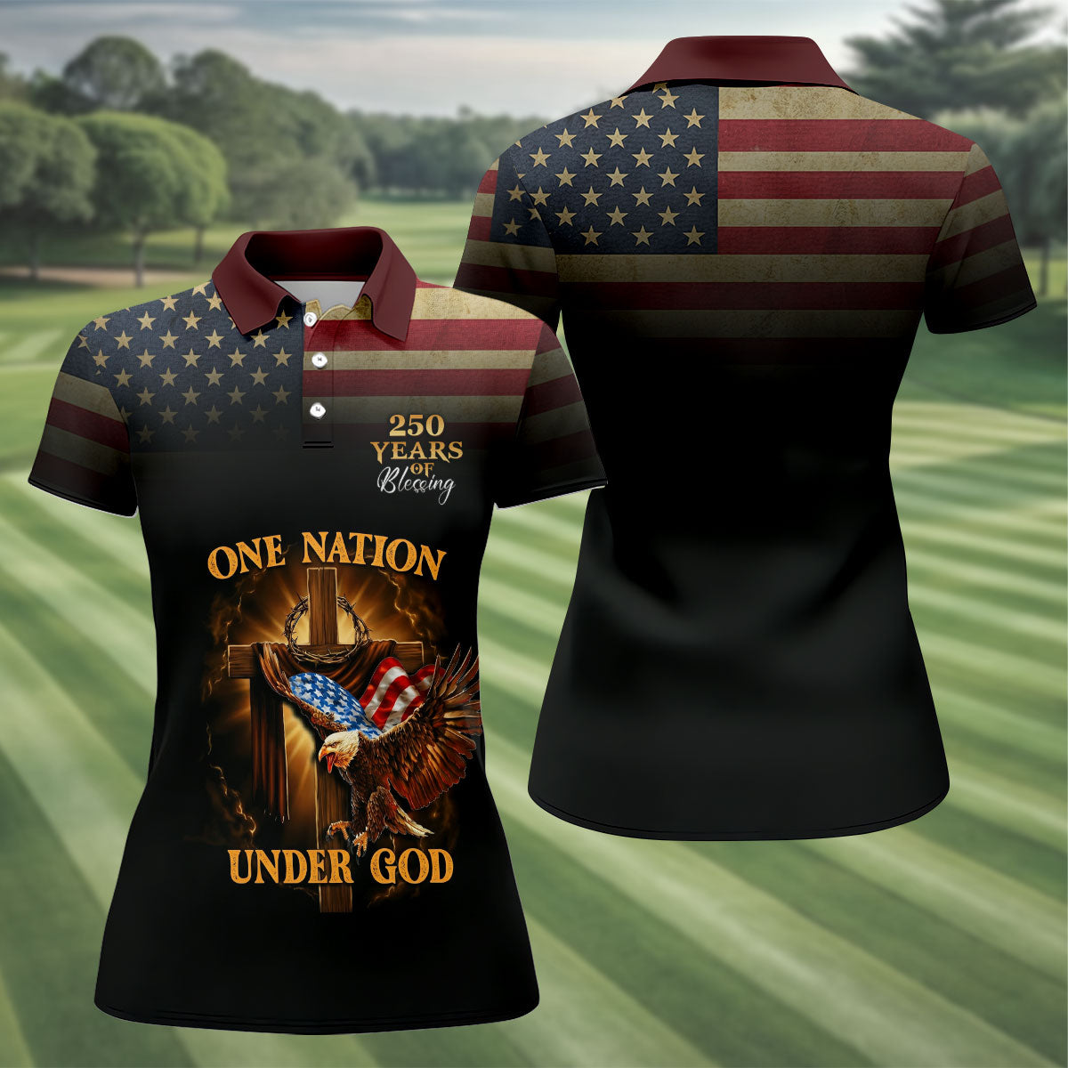 One Nation Under God 250 Years Faith Cross 4th Of July Golf Shirt, Patriotic Women's Golf Tops