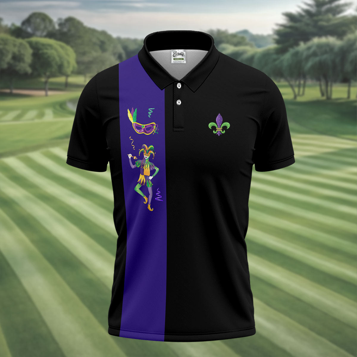 Mardi Gras Festival Jester Figure Fleur De Lis Symbol Black Golf Shirt, Polo ShirtFor Men, Golf Shirts For Men