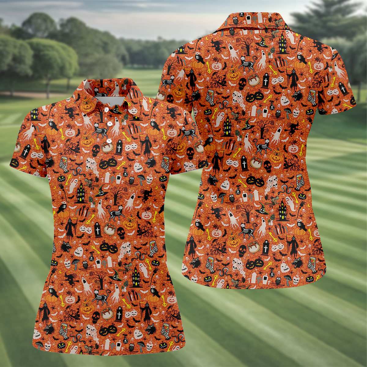Halloween Skull Witch Cat Orange Golf Shirt, Funny Halloween Women's Golf Tops, Ladies Golf Shirts