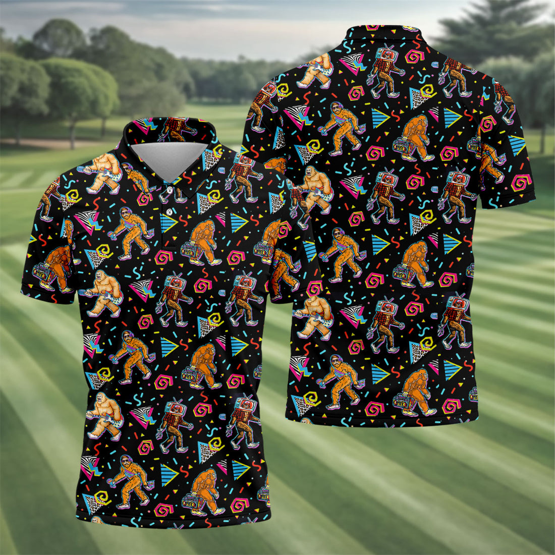 Retro Bigfoot Boombox Pattern Golf Shirt, Men's Golf Shirt, Mens Polo Shirts, Printed Golf Shirts