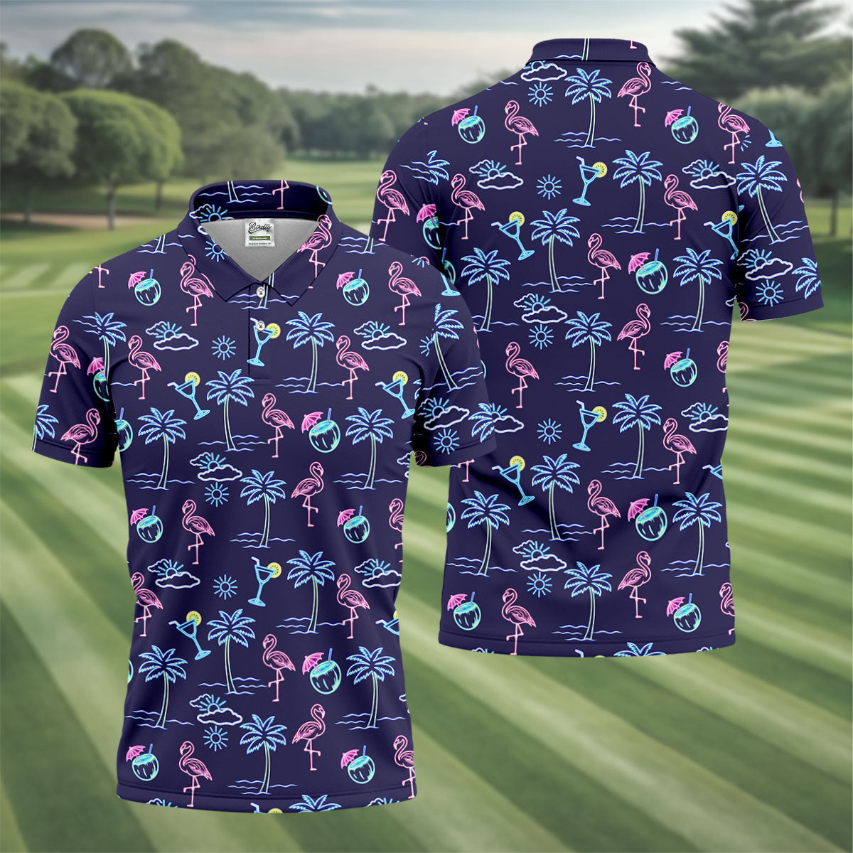 Neon Line Tropical Flamingo Hawaiian Golf Shirt, Polo Shirtor Men, Golfing Apparel