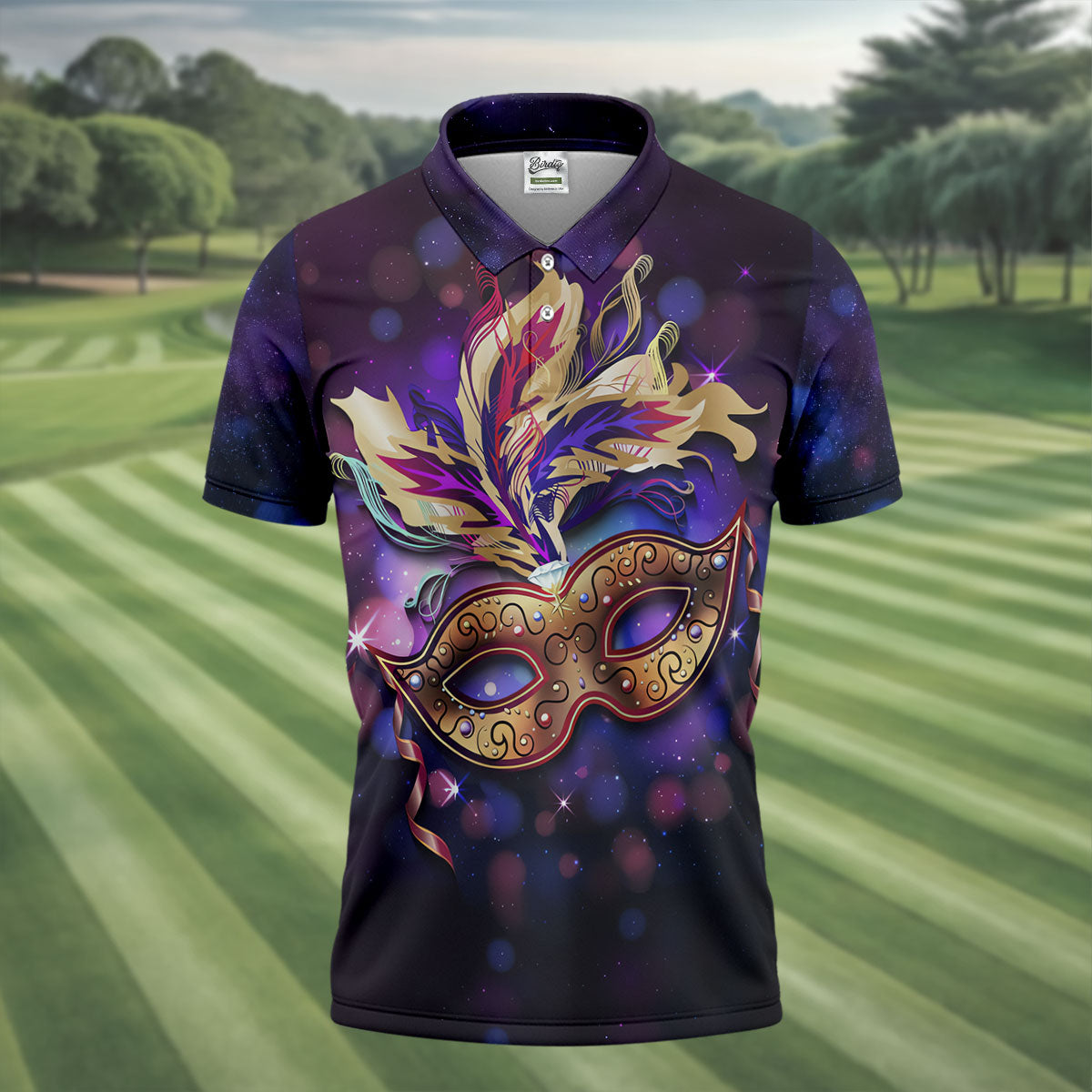 Mardi Gras Mask Feather Ribbon Purple Golf Shirt, Polo ShirtFor Men, Golf Shirts For Men