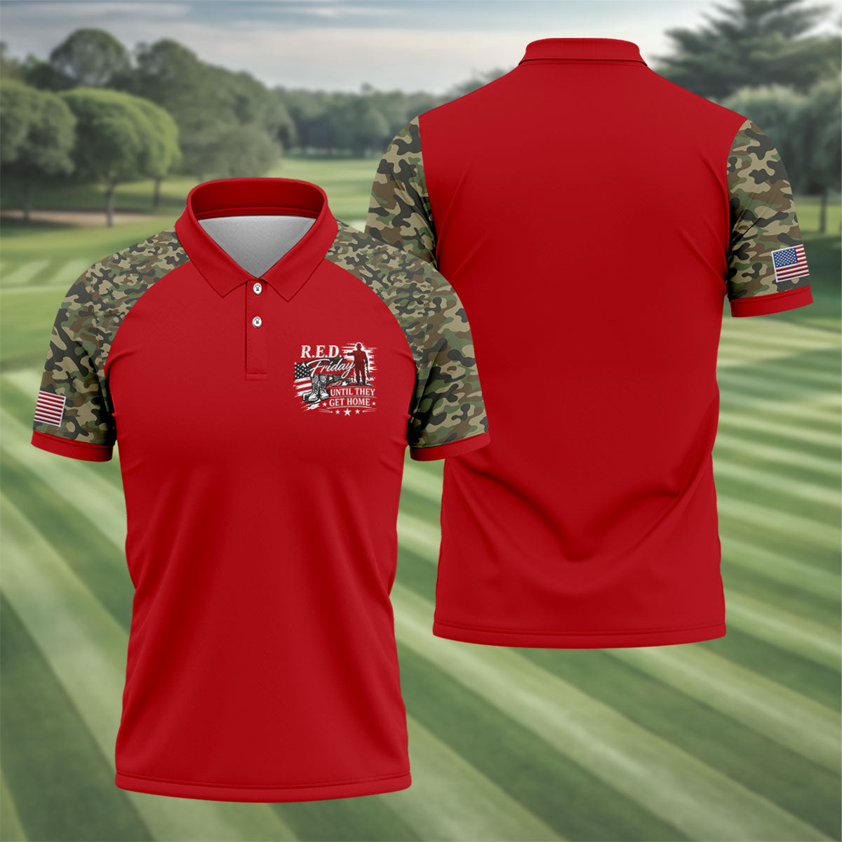 RED Friday Untill They Get Home Red Camo Golf Shirt, Veteran Memorial 250 Years Polo Shirtor Men