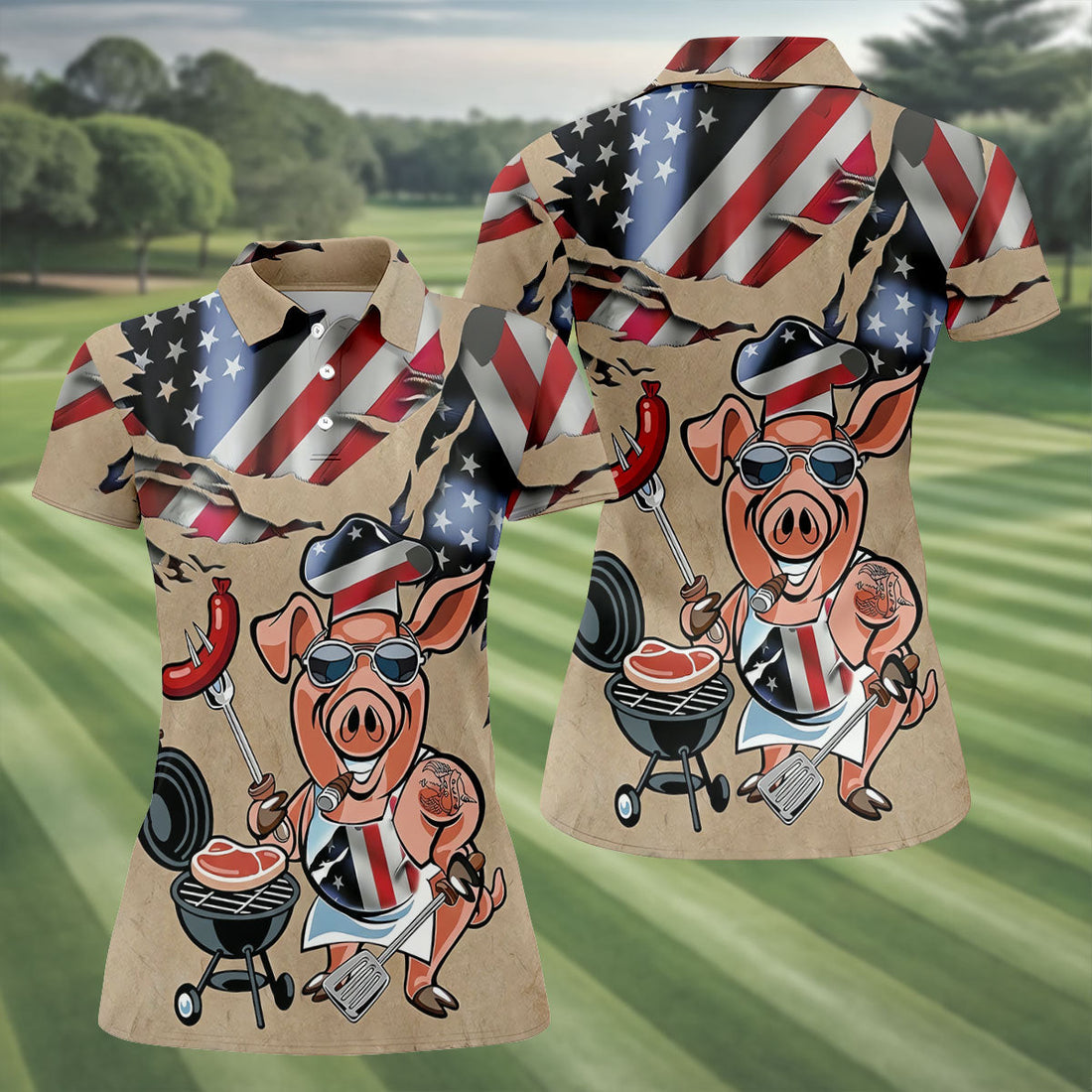 Patriotic American Flag Funny BBQ 250th Anniversary Dark Beige Women's Polo Shirt, Ladies Golf Shirts