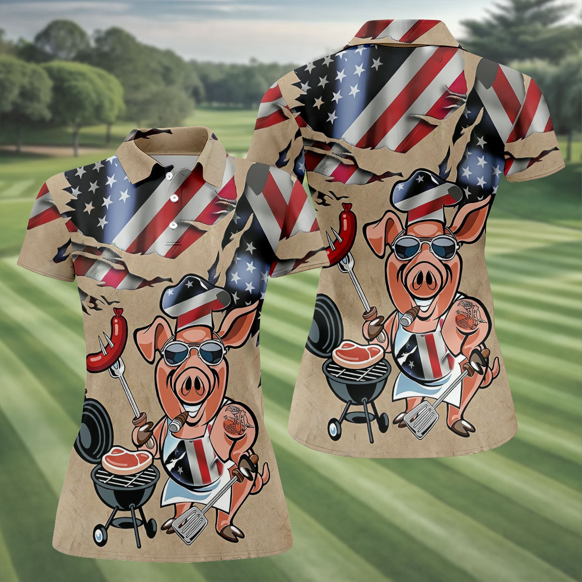 Patriotic American Flag Funny BBQ 250th Anniversary Dark Beige Women's Polo Shirt, Ladies Golf Shirts