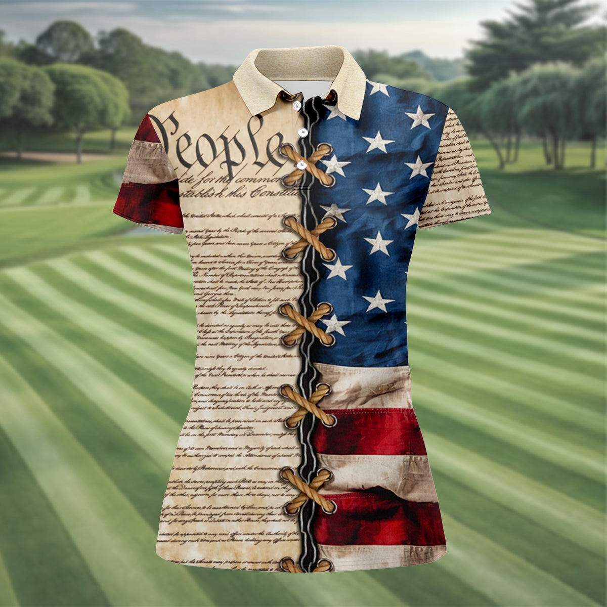 We The People Preamble Patriotic 4th Of July Beige Golf Shirt, 250th Anniversary Women's Golf Tops