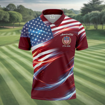America 250 Light Effect American Flag Golf Shirt, Patriotic 4th Of July Golf Shirts For Men