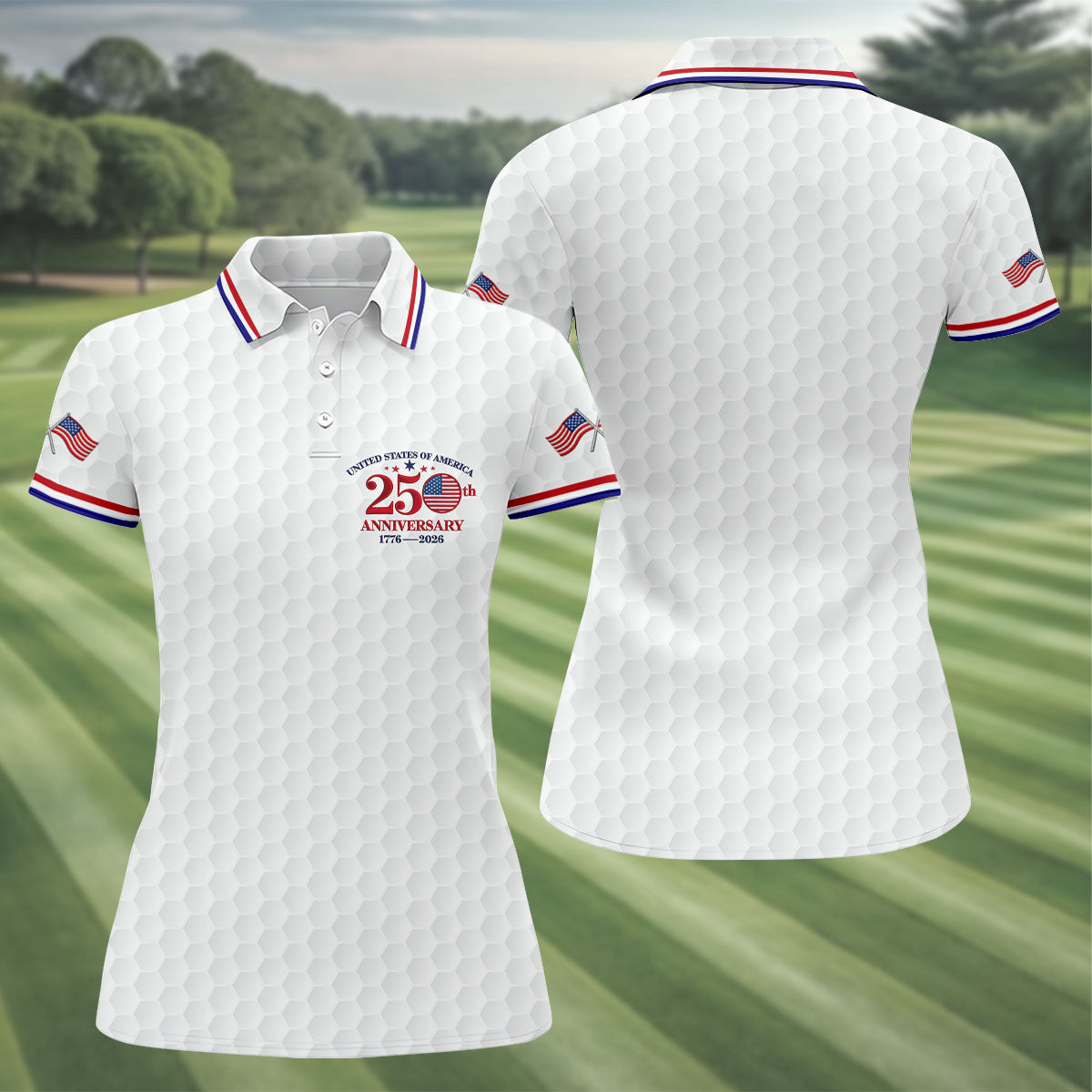 USA 250th Anniversary Golf Ball Pattern White Golf Shirt, 4th Of July Patriotic Golf Shirt For Women