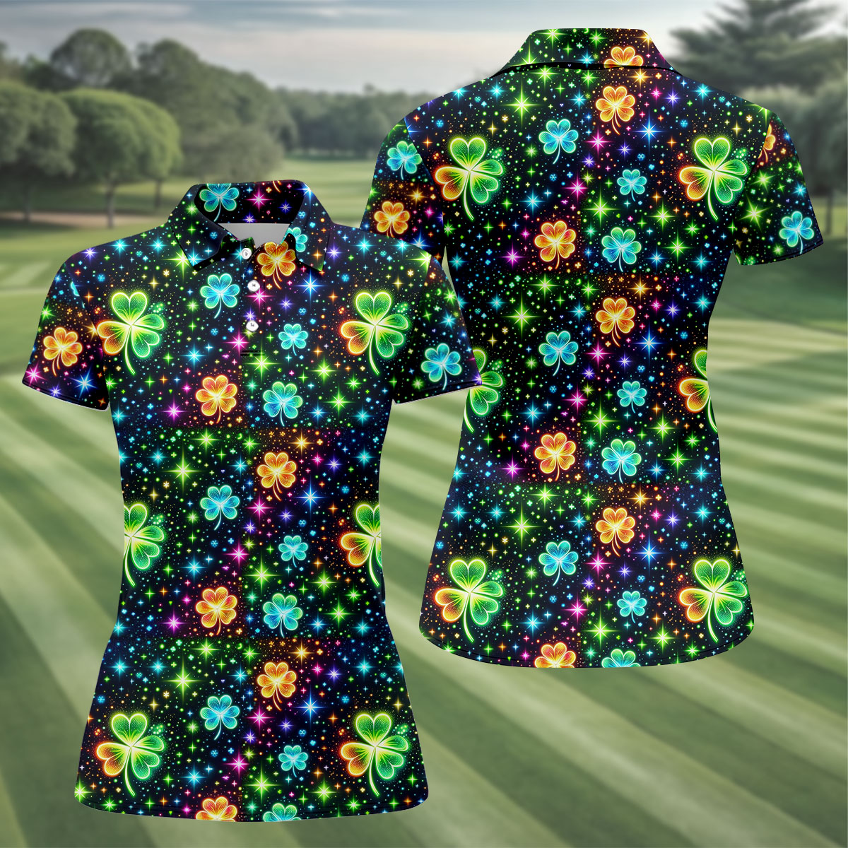 The Star And The Shamrock Rainbow Glitter St Patrick's Golf Shirt, Women's Golf Tops, Ladies Golf Polos