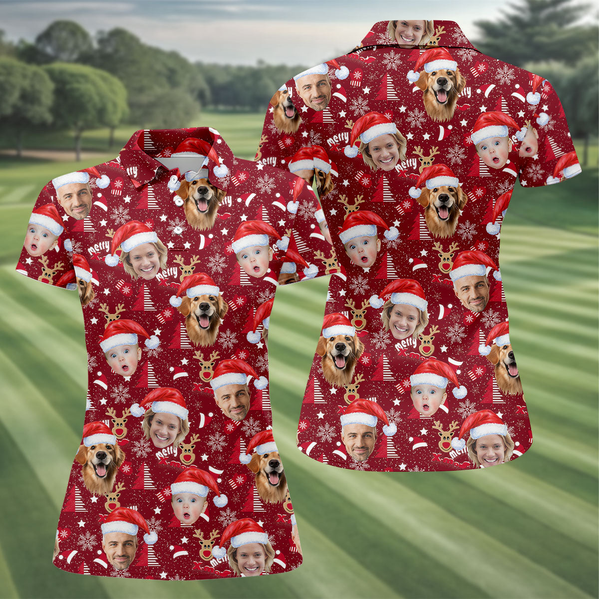 Custom Face Red Nose Reindeer Merry Xmas Red Golf Shirt, Christmas Golf Shirt, Women's Golf Tops