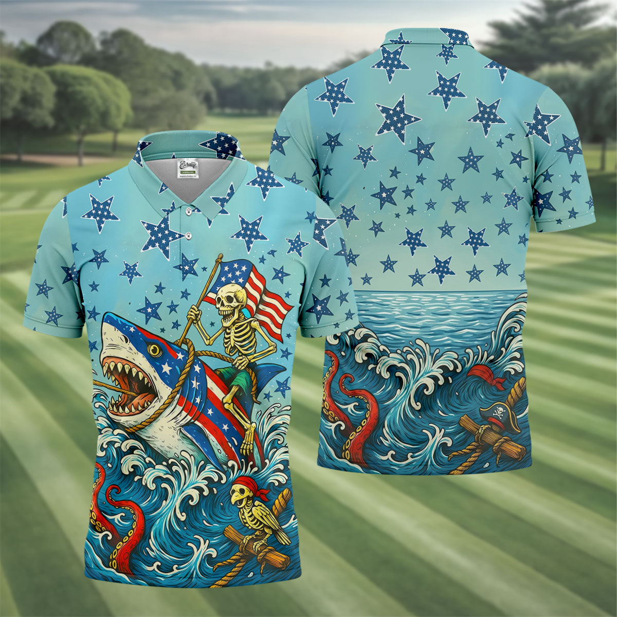 Skeleton Riding Shark Patriotic Golf Shirt, 4th Of July Golf Shirt, 250 Years Polo Shirtor Men