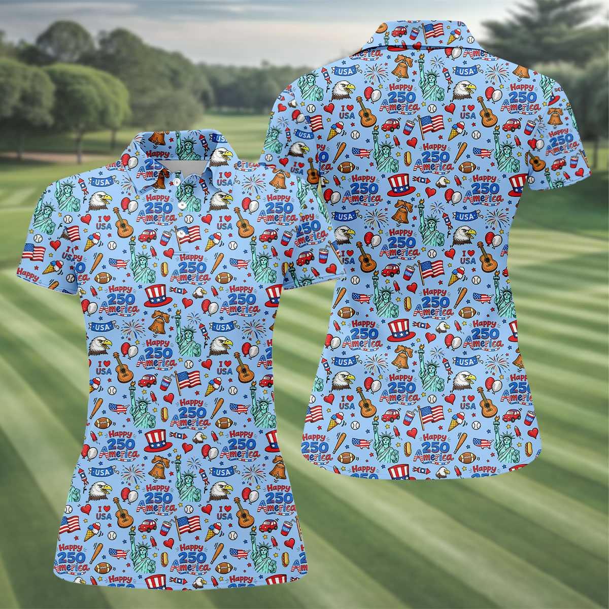 Happy 250 America Independence Celebration Blue Golf Shirt, Patriotic 4th Of July Golf Shirt For Women
