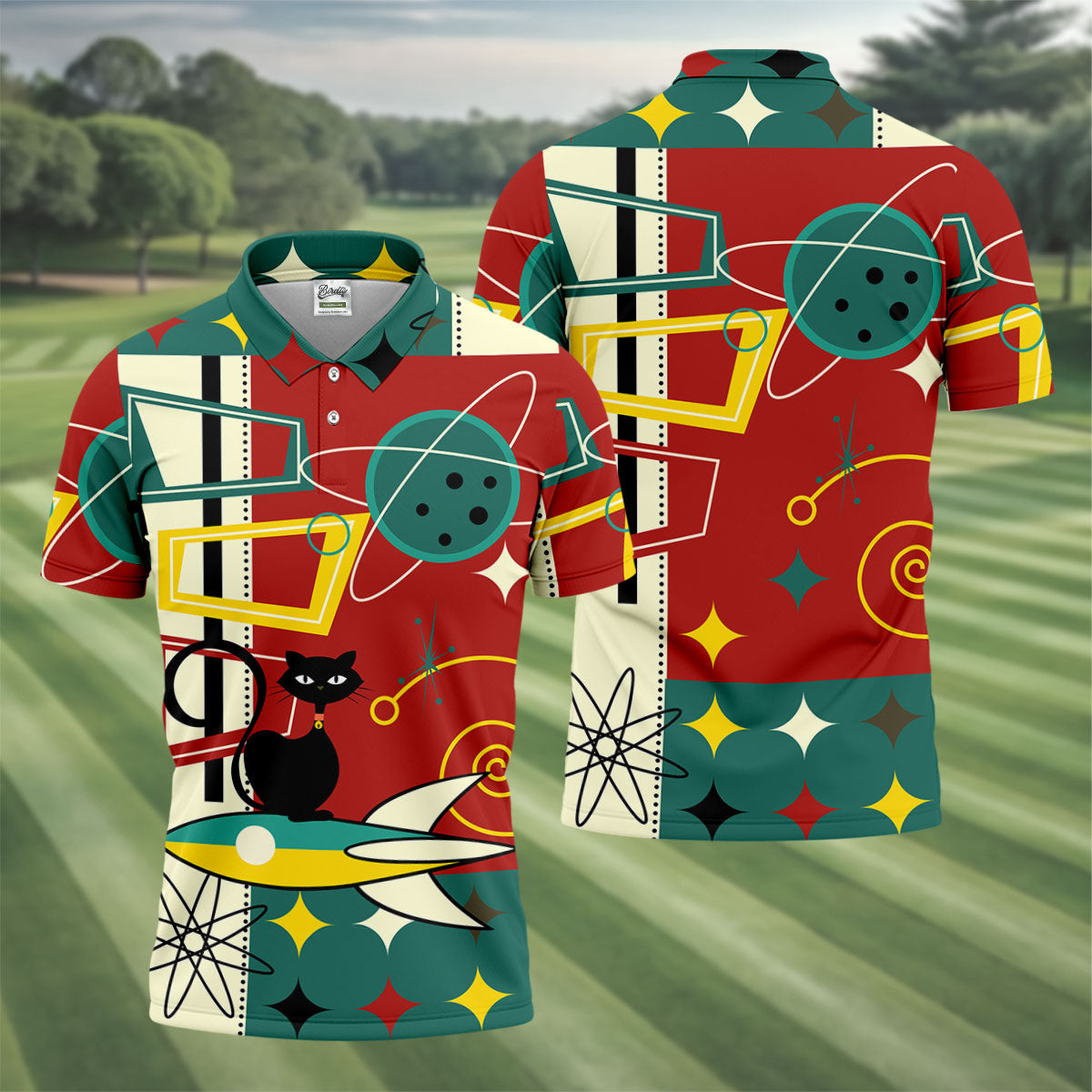 Geometric Abstraction Atomic Cat Hawaiian Golf Shirt, Retro Golf Shirt, Polo Shirtor Men