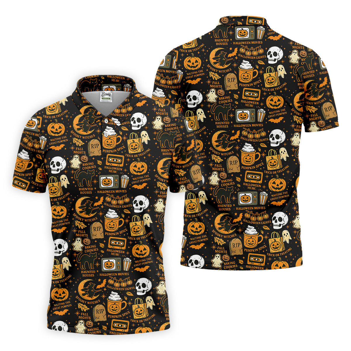 Vintage Halloween Cat Golf Polo Shirt Halloween Theme Shirts, Ghost Pumpkin Mens Golf Polo Shirt Golfing Apparel