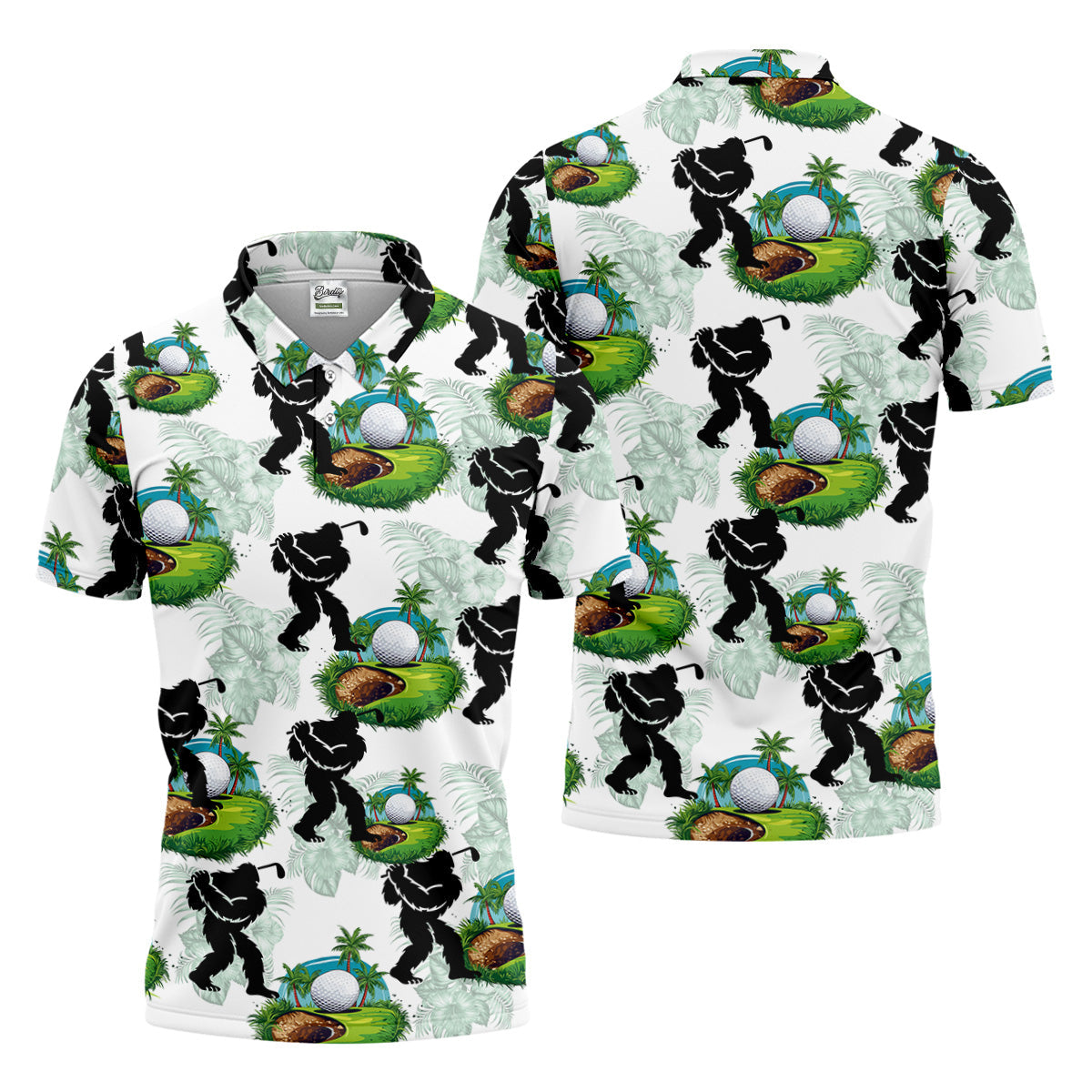 Tropical Golf Cart Bigfoot Golf Shirt, Funny Bigfoot Mens Golf Polo Shirt Cool Golf Gifts, Golfing Apparel