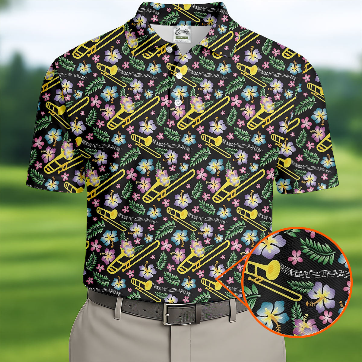 Trombones Floral Tropical Vibe Golf Tops For Men, Polo ShirtFor Men, Golf Shirts For Men