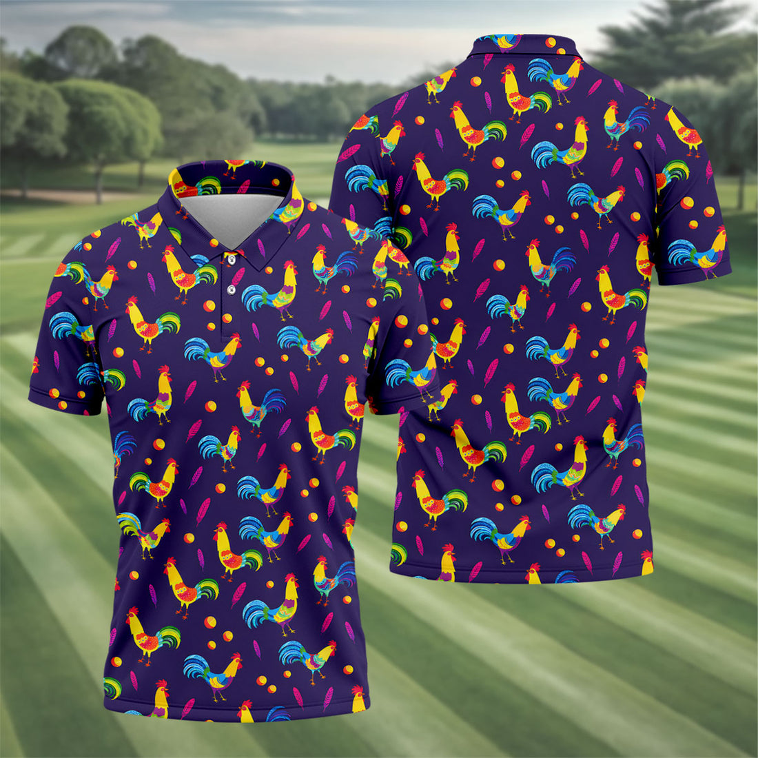 Retro Rooster Golf Shirt, Colorful Country Pattern Polo, Polo Shirts For Men