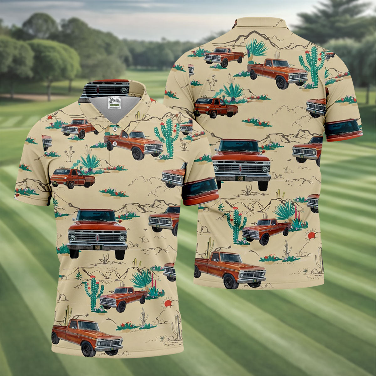 Personalized Pickup Truck Golf Shirt, Southwestern Desert Cactus Pattern, Golf Shirt For Men