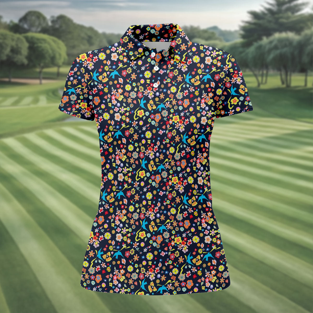 Colorful Floral Bird Garden Golf Shirt, Women’s Golf Polo, Golf Shirts For Women