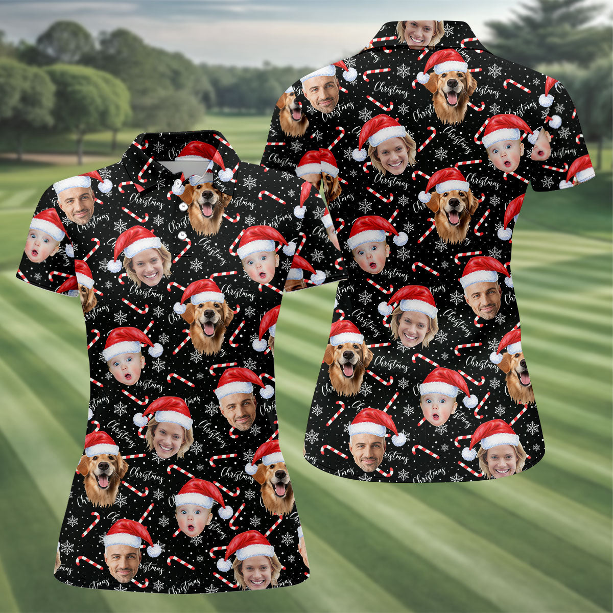 Custom Face Candy Cane Christmas Black Golf Shirt, Christmas Golf Shirt, Ladies Golf Tops, Golf Gifts For Women