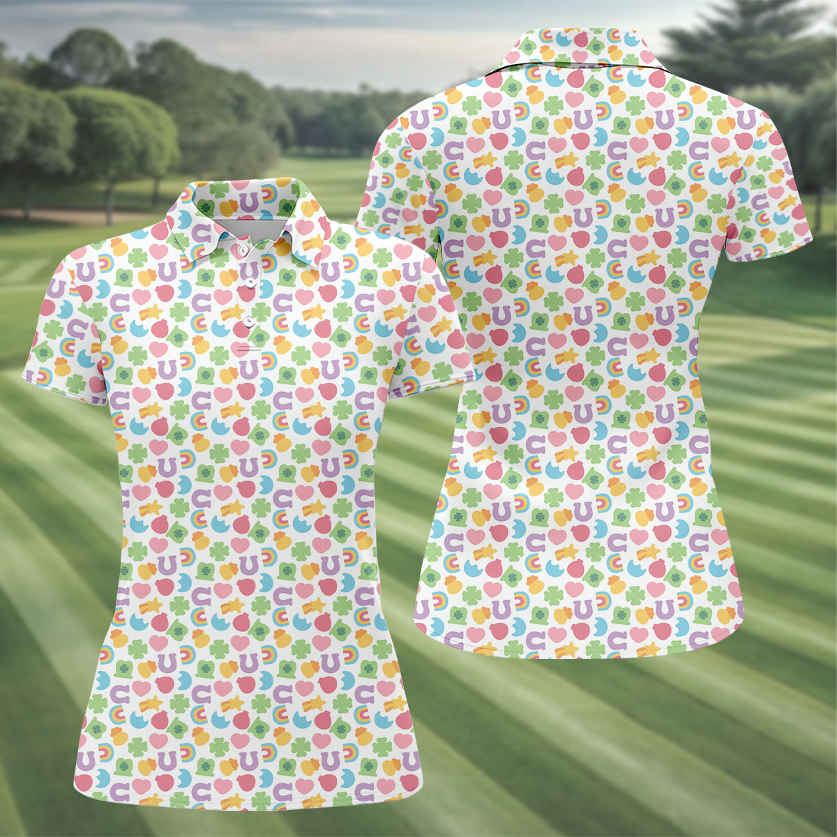 St Patrick's Day Lucky Charms White Golf Shirt, Cute Golf Outfit, Women's Golf Tops, Ladies Golf Polos