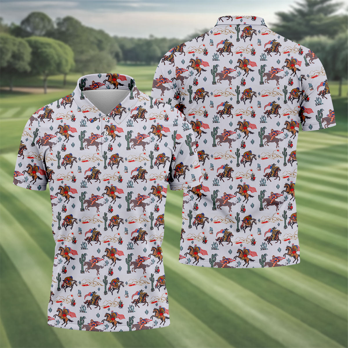 Patriotic Cowboy Horse Pattern Golf Polo Shirt, Men's Golf Polo, Hawaiian Golf Shirt