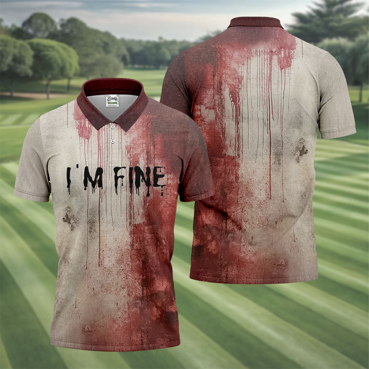 I'm Fine Halloween Blood Splatter Golf Tops For Men, Horror Blood Polo ShirtFor Men, Unique Gift For Golfer