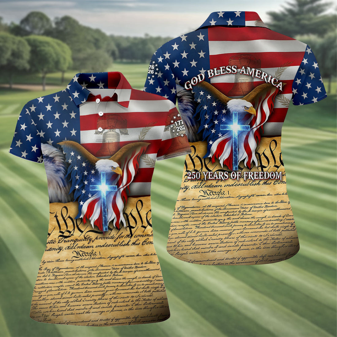 God Bless America 250 Years Of Freedom Faith Cross Patriotic Golf Shirt, 4th Of July Golf Shirt For Women