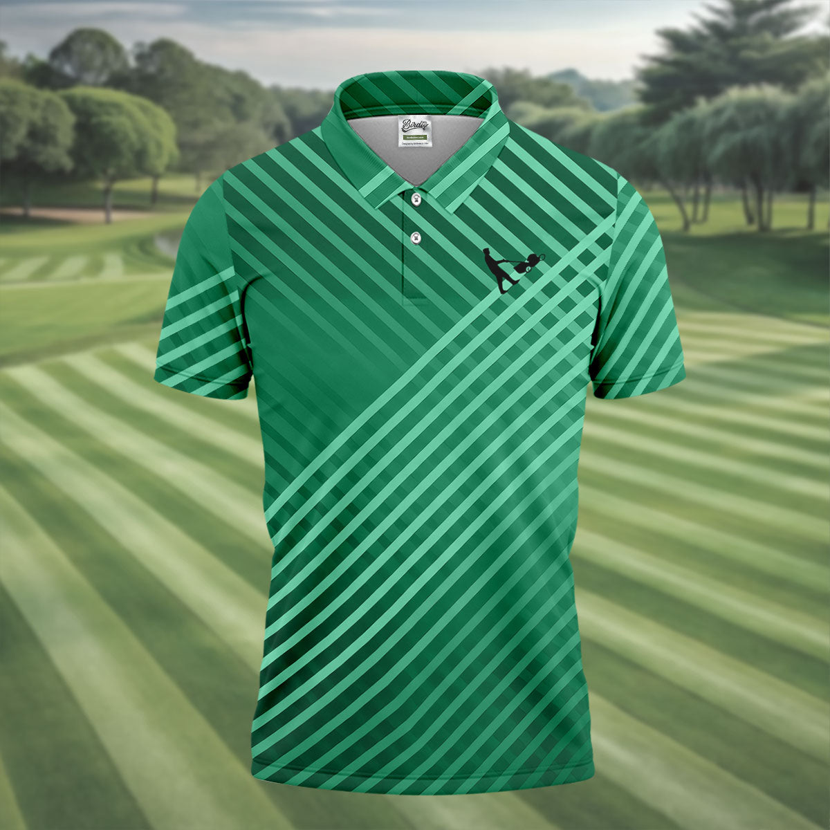 Green And White Striped Pattern Golf Tops For Men, Performance Golf Shirt, Polo Shirt Men