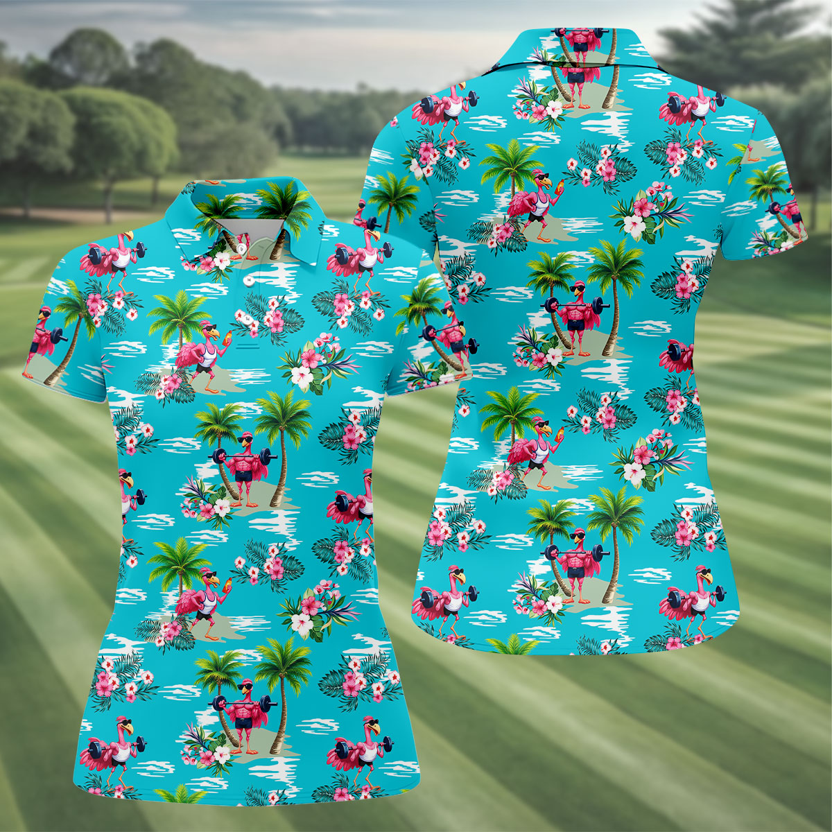 Funny Weightlifting Flamingo Tropical Hawaiian Golf Shirt, Golf Polo For Women, Printed Golf Shirt