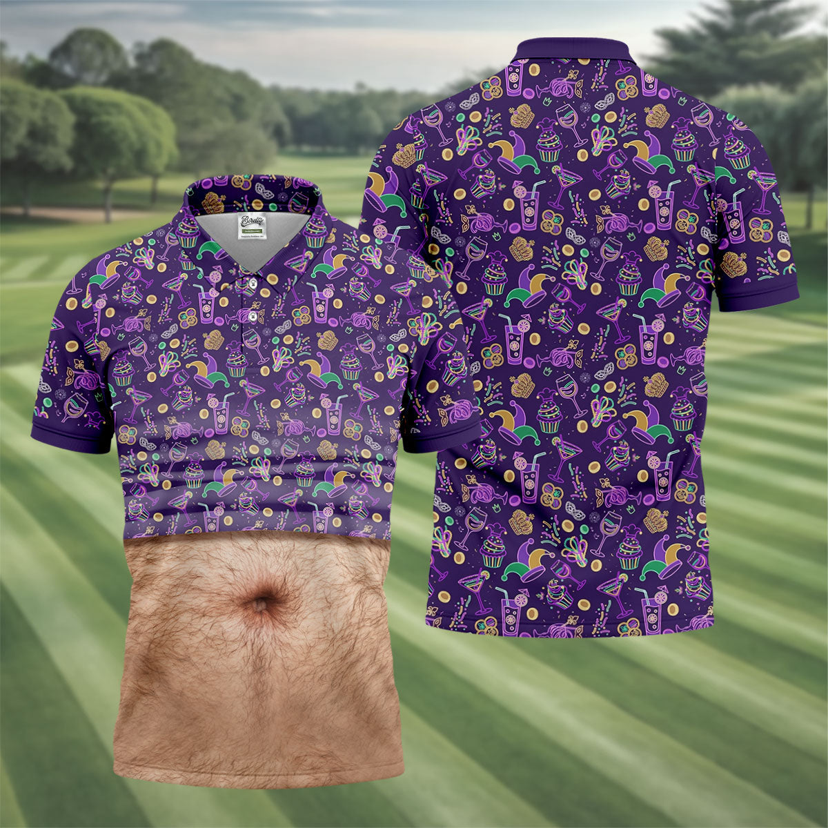 Purple Green Gold Mardi Gras Food Funny Tummy Golf Shirts For Men, Men's Funny Golf Shirts, Polo ShirtFor Men