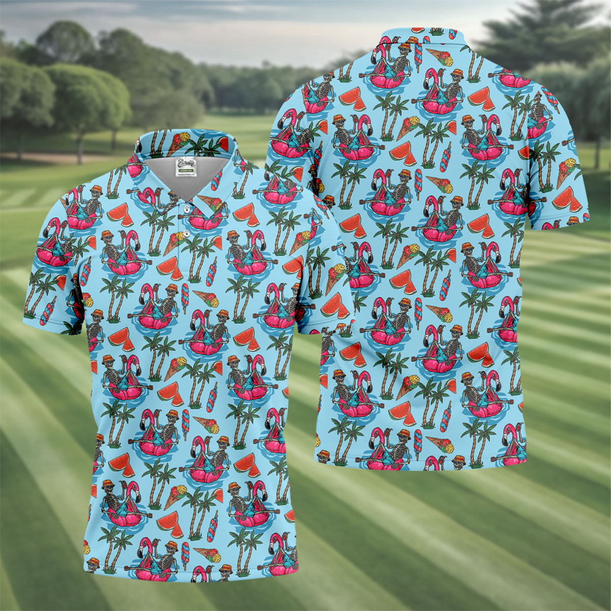 Skeleton Flamingo Summer Vibe Retro Golf Shirt, Men's Funny Golf Shirts, Polo ShirtFor Men, Golf Shirts For Men