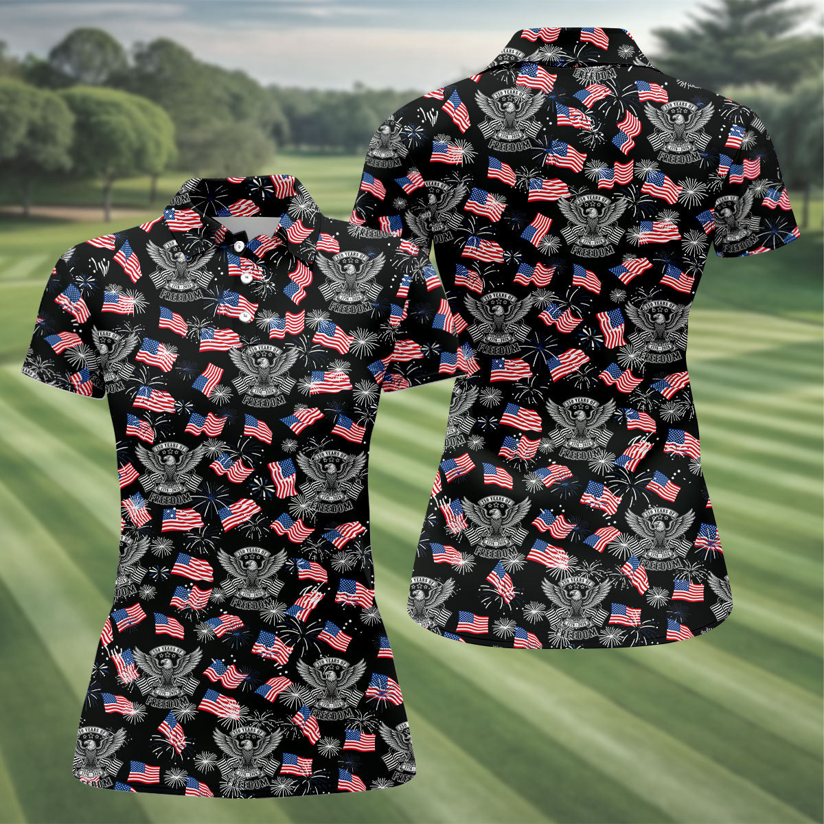 250 Years Of Freedom Festive Flag Vintage Black Golf Shirt, Patriotic 4th Of July Golf Shirt For Women