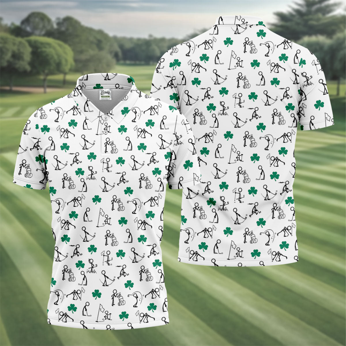 Stick Figure Golf Pose St Patrick's Day Shamrock White Golf Shirt, Polo ShirtFor Men, Golf Shirts For Men