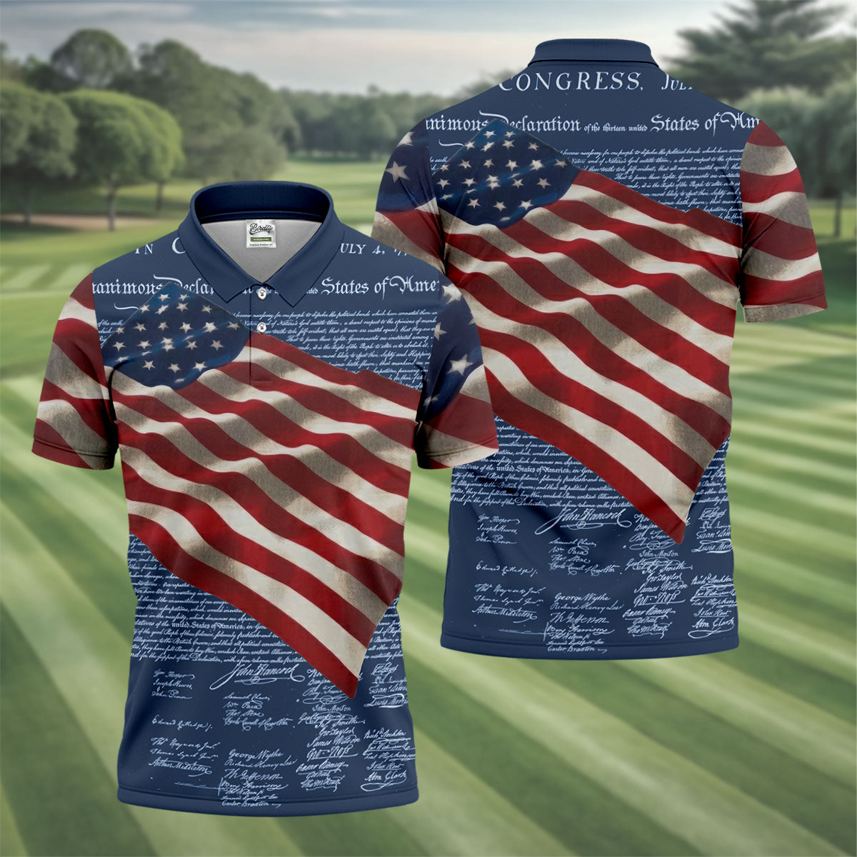 Patriotic American Flag Declaration Of Independence 4th Of July Navy Golf Shirt, 250th Anniversary Polo ShirtFor Men