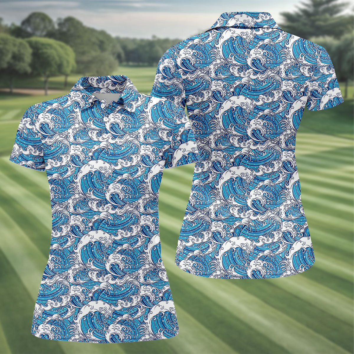 Japanese Wave Art Hawaiian Golf Shirt, Summer Ocean Women's Golf Tops, Ladies Golf Shirts